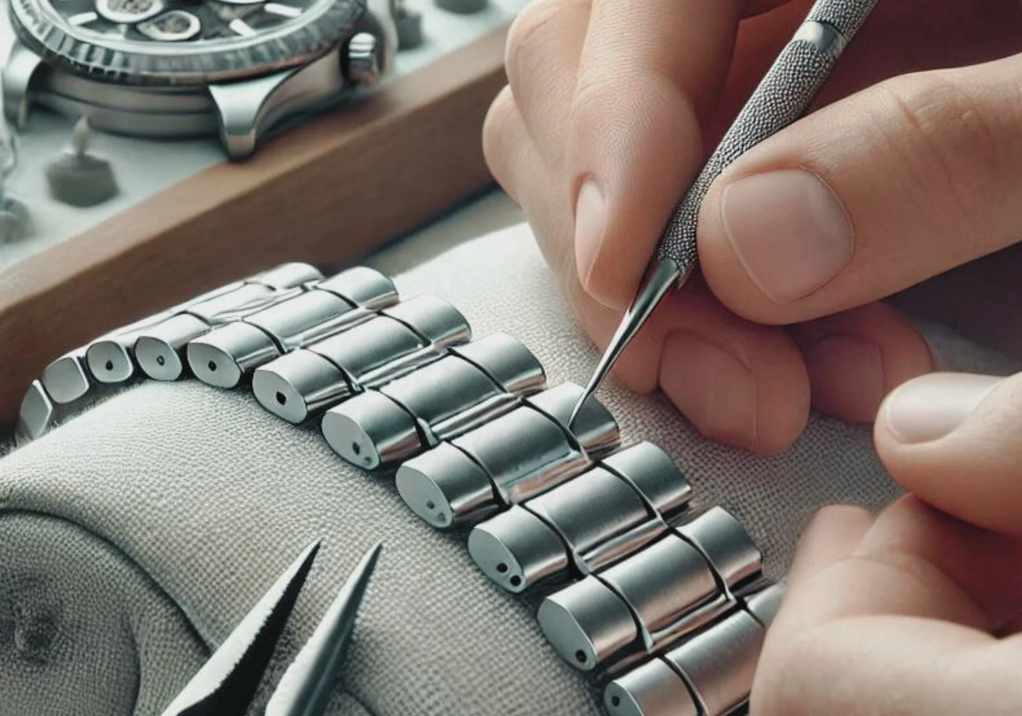 TimeRepair specialist inspecting a watch case, crystal and bracelet