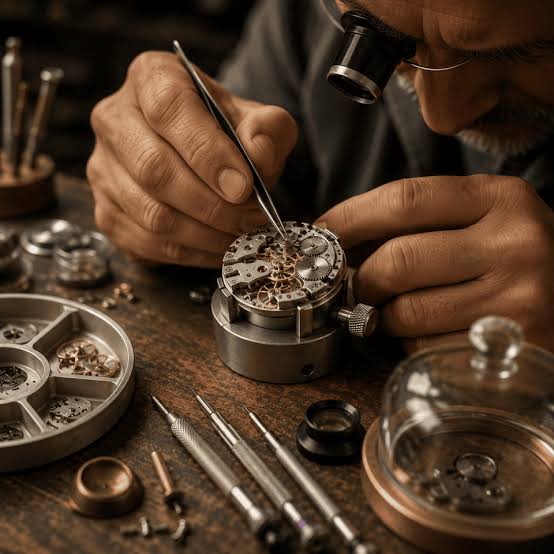 TimeRepair watch repair specialist organizing a timepiece before service