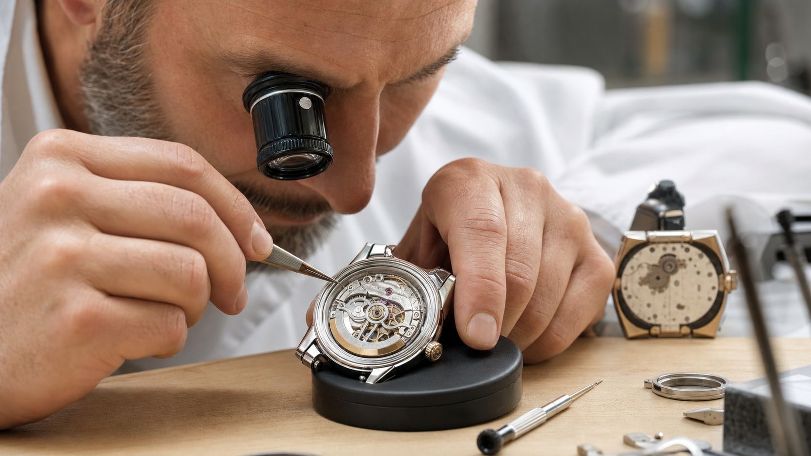 TimeRepair watchmaker inspecting a timepiece with precision tools